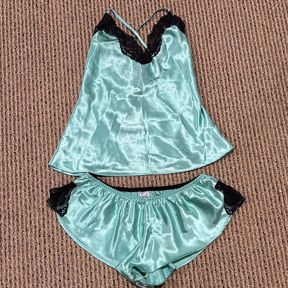 Frederick's of Hollywood Blue and Black Chemise with Satin Finish